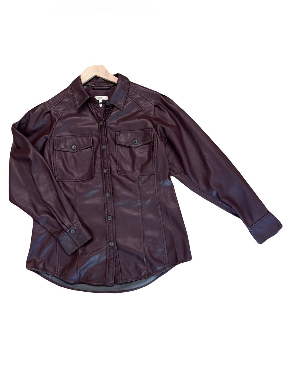 Rebecca Taylor NYC Vegan Faux Leather Shacket Burgundy Button Front Utility Top